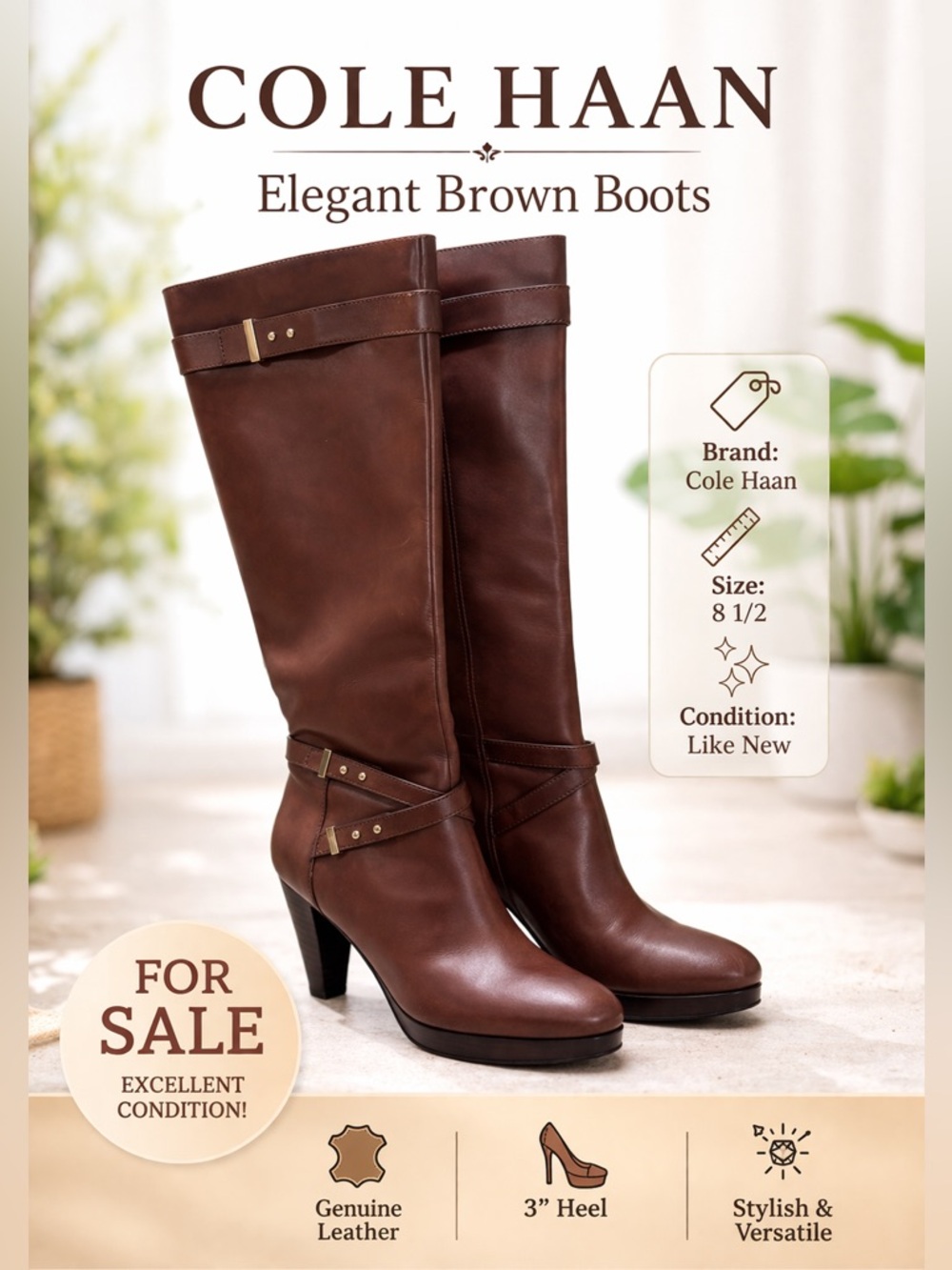 Cole Haan Chocolate Brown Leather Knee-High Heeled Boots
